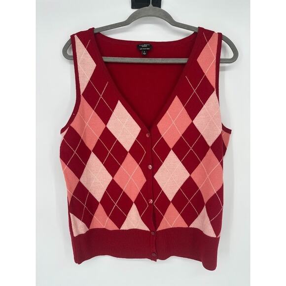 Talbots Sweater Vest Sz L Red Argyle Italian Merino Wool Button Academia Preppy - Picture 1 of 7